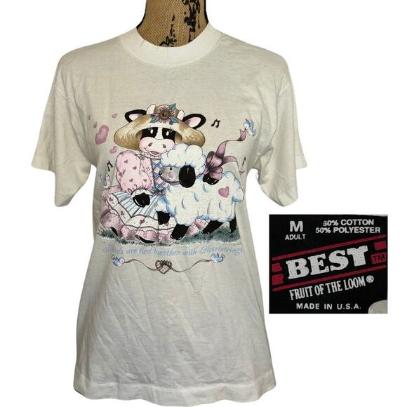 Fruit of the Loom Tops - 90s Fruit Of The Loom Air Waves Cow Sheep T Shirt White Size Medium Vintage Cute